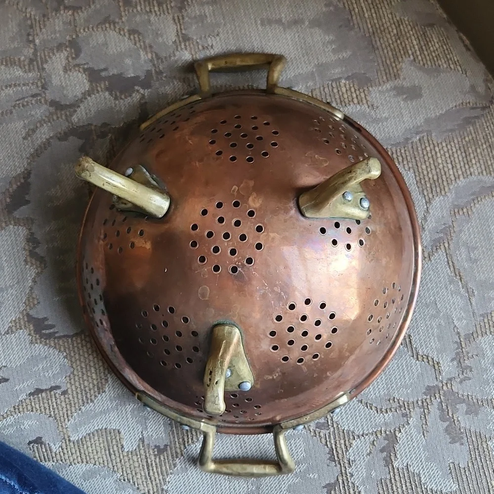 Antique copper colander with Brass Feet & Handles